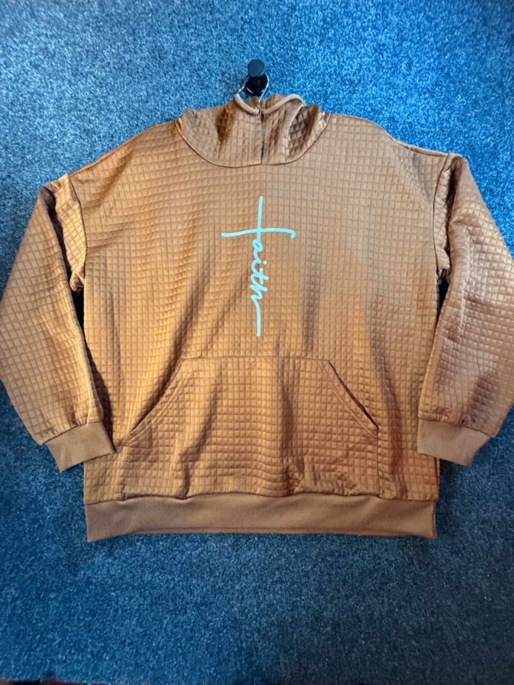 Women's Faith Cross Quilted Hoodie Brown Oversized Pullover Sweatshirt XXL